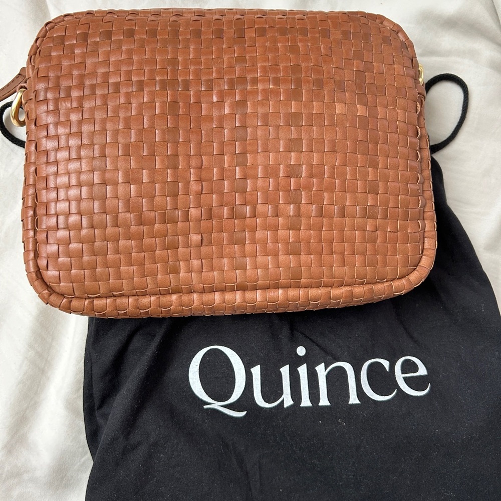Quince, brown, leather, woven purse, crossbody strap, goes with everything.